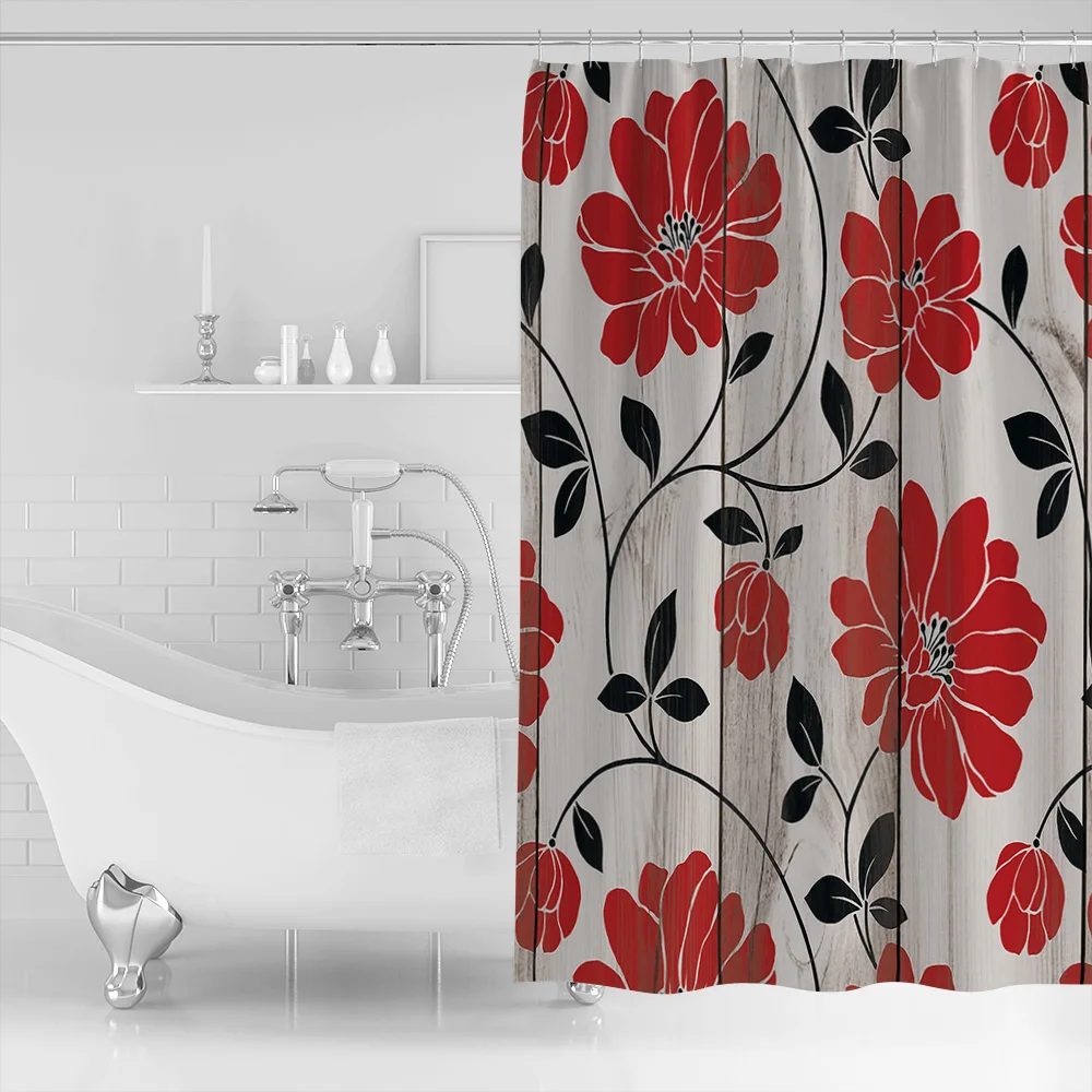 Винтажный деревянный текстурированный фон с бесшовным рисунком красных цветов