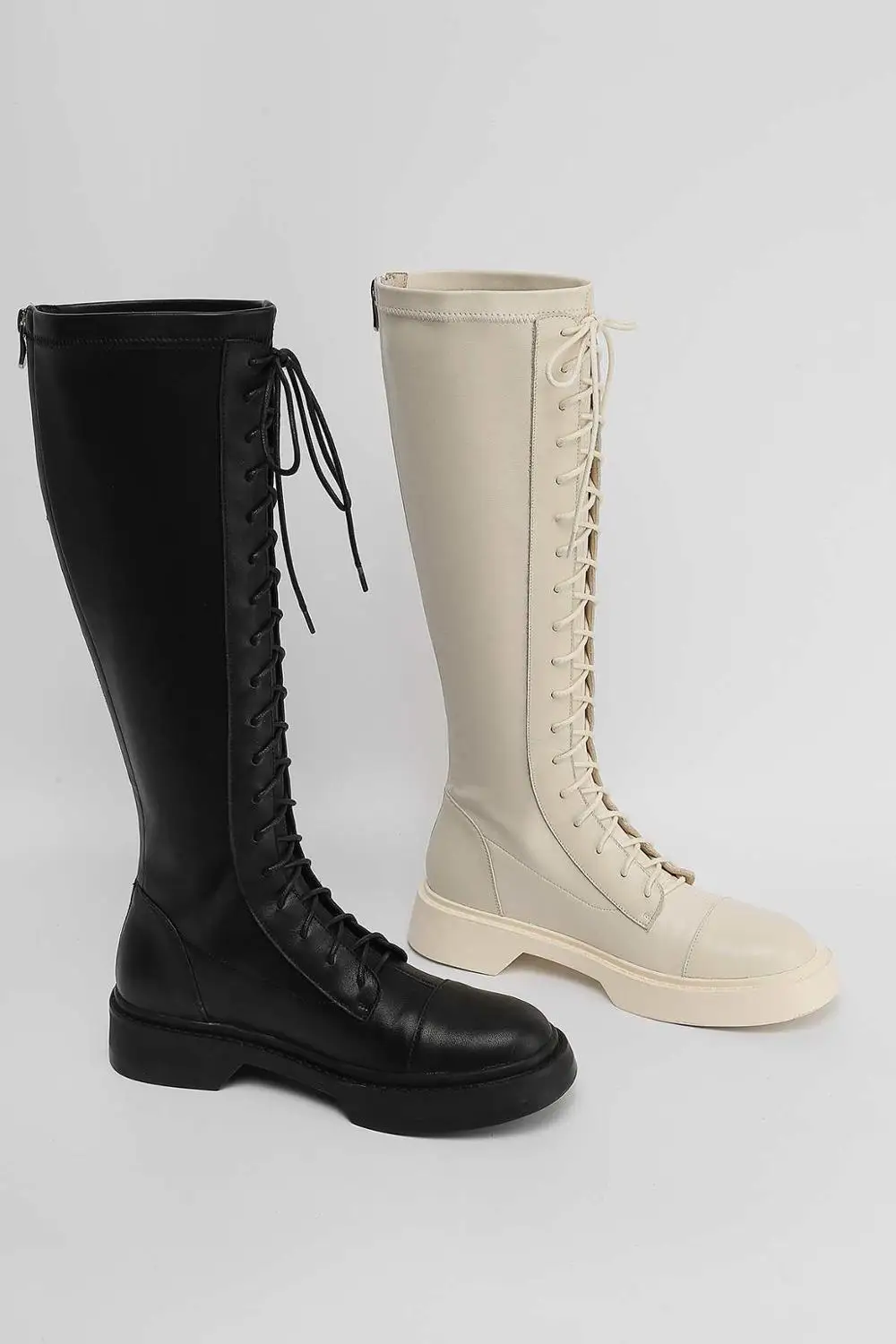 

Krazing Pot motorcycle boots real leathe stretch cross-tied round toe thick med heel back zip handsome dress knee-high boots L75