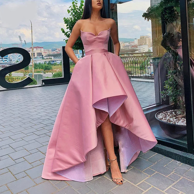 

Strapless High Low Evening Dress With Pockets Simple Satin Sleeveless Formal Evening Party Dresses Robe De Soiree