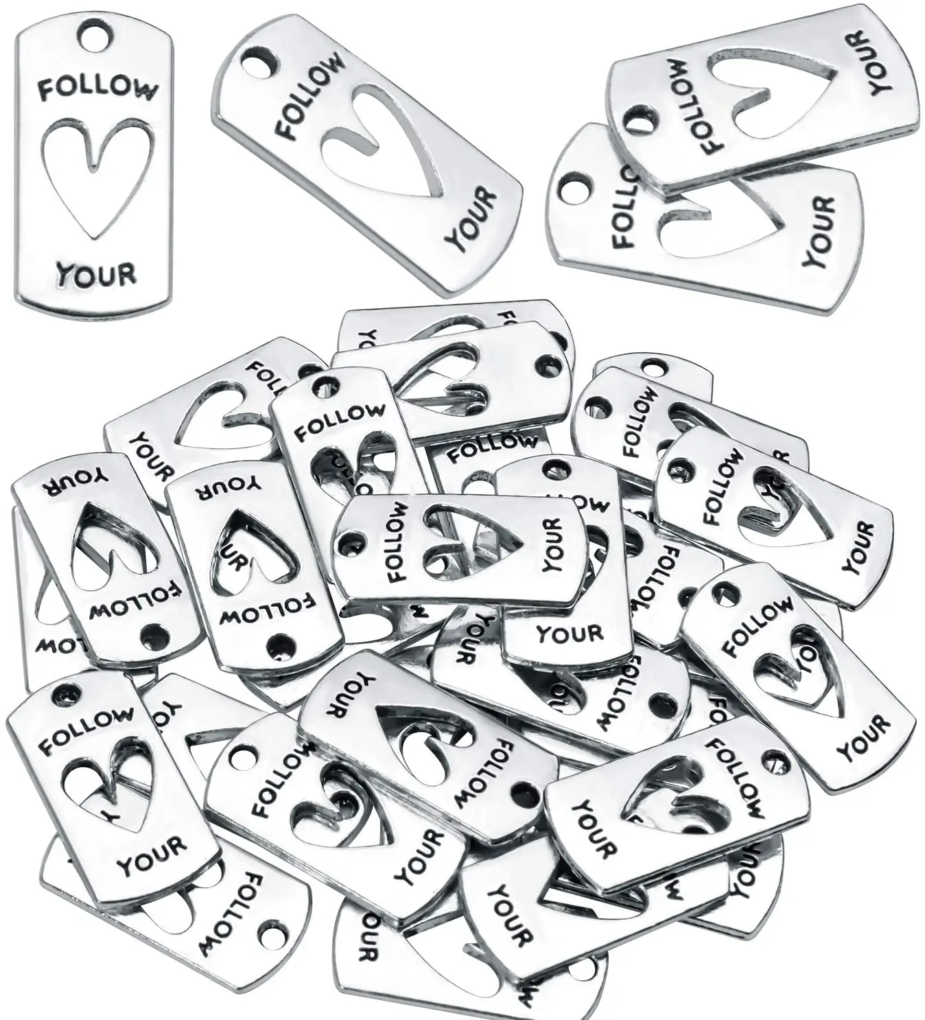 

30pcs Antique Silver Message Pendants Inspirational Lettering charms for Jewelry Making Decoration Crafting,20x10mm (follow your