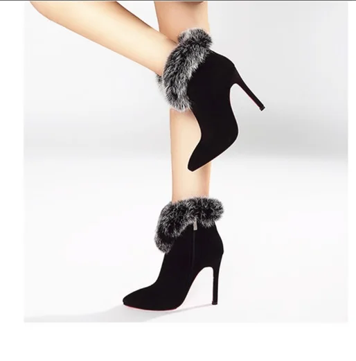 

Fashion Pointed Toe Thin Heels Flock Side Zip Autumn Winter Boots 2021 Hot Temperament Plus Velvet High-heel Short Woman Boots