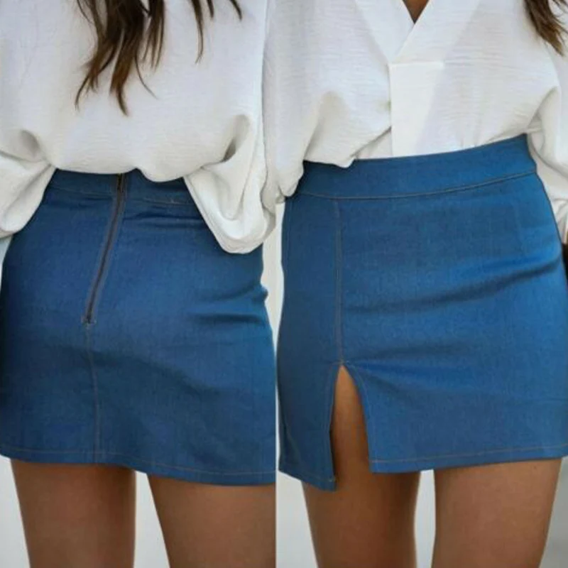 

Summer Denim Split Women A-Line Mini Skirts High Waist Zipper Bodycon Female Skirt 2021 Solid Slim Vintage Casual Ladies Bottoms