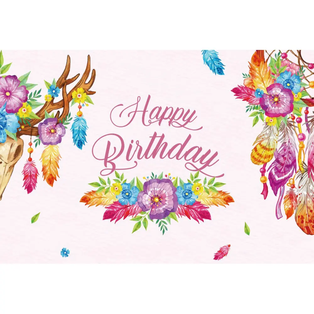 

Happy Birthday Pink Flower Feather Banner Gift Background Christmas Party Poster Photography Props Decoration Background