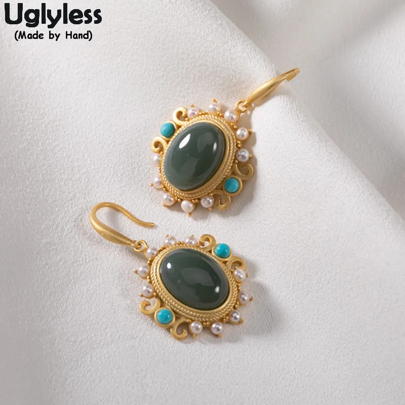 

Uglyless Bohemia Turquoise Earrings for Women Natural Pearls Jade Dangle Earrings Gold Ethnic Fashion Jewelry 925 Silver Brincos