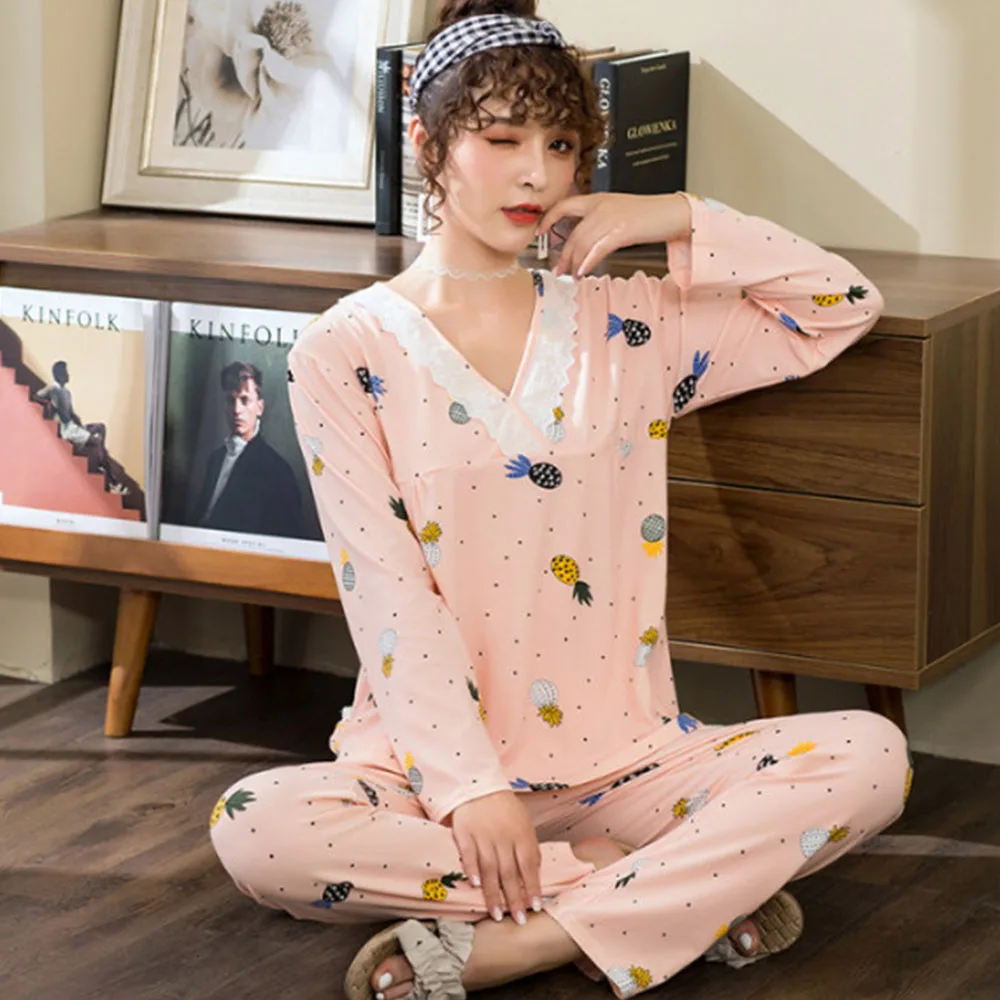 Женские пижамы с длинным рукавом пижама женская V-образным вырезом кружевная