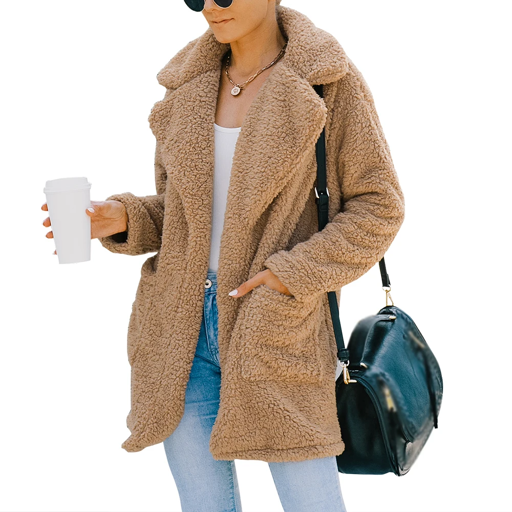

Flannel Women Solid Color Pockets Coats Turn-down Collar Long Sleeve Winter Ladies Warm Pullover Casual Soft Female Open Stitch
