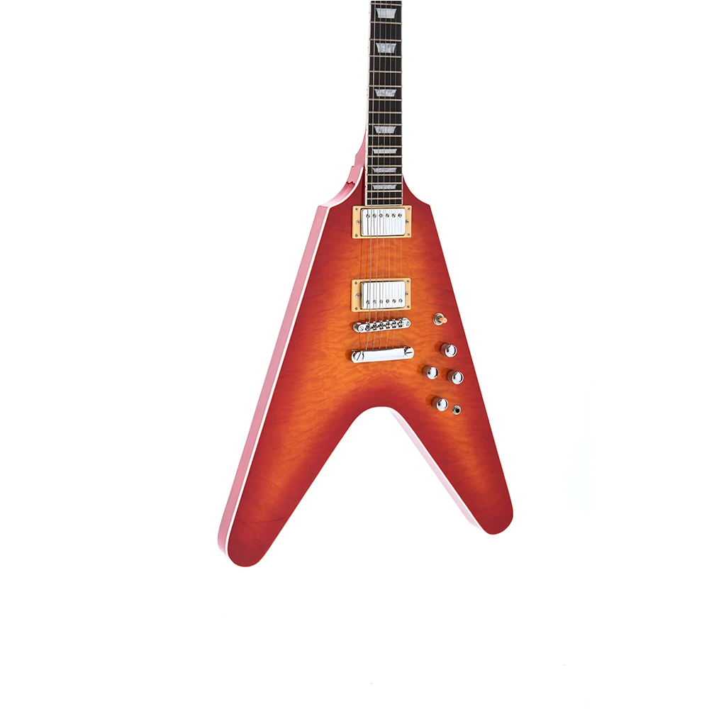

G Custom Flight V Standard Quilted Maple Top cherry Burst Color Body Mahogany Quilted Maple Top Free Shipping
