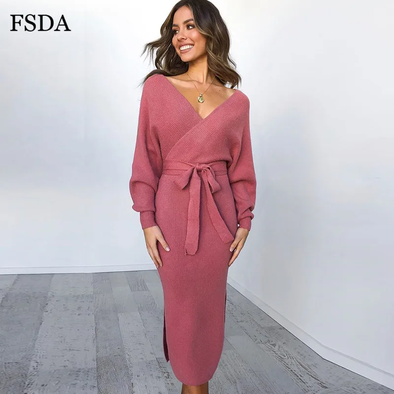 Женское платье макси с поясом FSDA повседневное облегающее длинным рукавом и