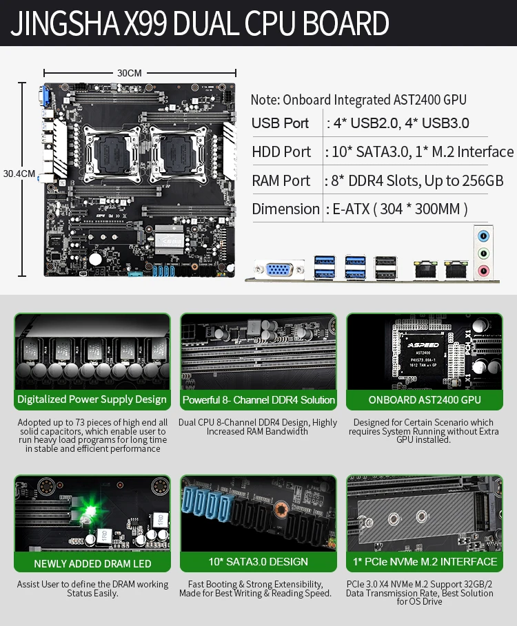 Preise JINGSHA X99 Dual CPU Motherboard LGA 2011-3 Motherboard USB3.0,10 * SATA3.0, NVMe M.2 Unterstützung XEON E5 V4 Serie CPU Und DDR4 RAM