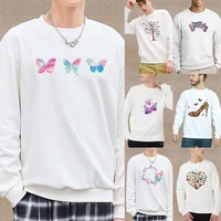 mens casual warm long sleeve sweatshirt white pullover street color butterfly print autumn series round neck slim basic hoodie