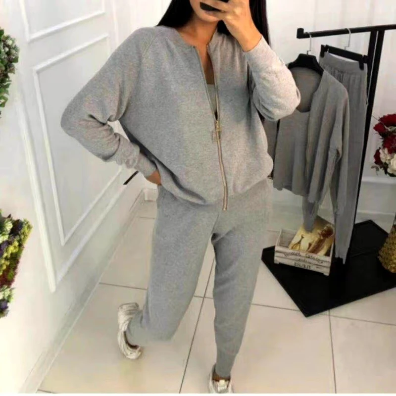 

3PCS/SET Knitted Sweater Suit Feamle Casual Temperament Chain Vest Zipper Cardigans Jacket Women Elastic Pants 2022 NEW