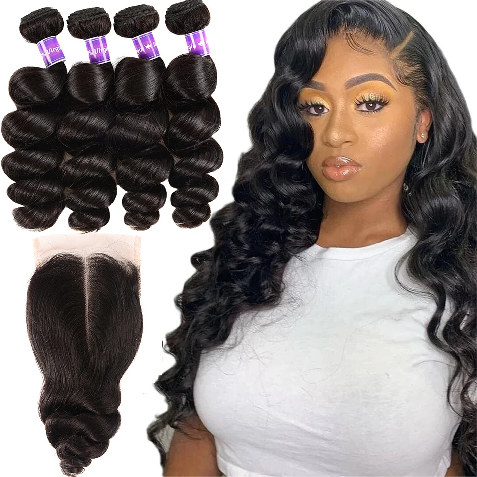 Loose Wave Bundles With Closure Brazilian Remy Hair HD Transparent Lace Frontal With 3/4 Bundles Loose Wave Closure With Bundles