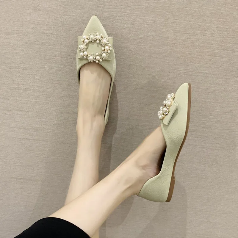 

Shoes Woman Flats Casual Female Sneakers Soft Buckle Pointed Toe Pearl Decorateion Shallow Mouth Dress Beading Comfortable Leisu