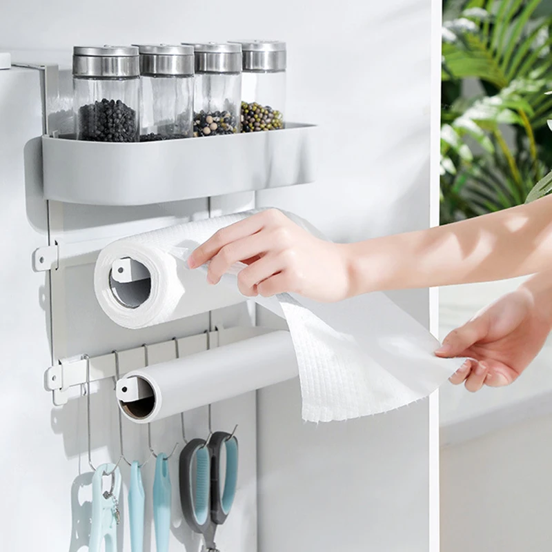 

Storage Racks Multifunctional kitchen refrigerator shelf layered wrought iron side wall-mounted lazy rag cling film storage rack