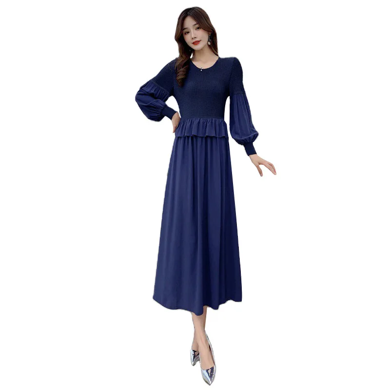 

2021 Spring New Women's Round Neck Two Piece Temperament Lantern Sleeve Solid Pleated Dress