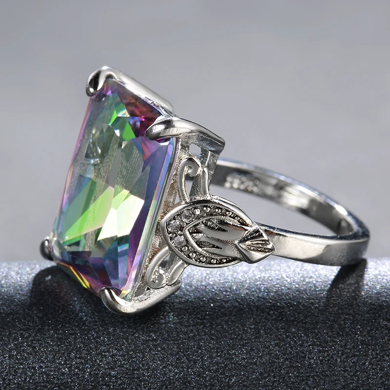 Vinregem 925 Solid Sterling Silver Mystic Rainbow Topaz Gemstone Birthstone Carved Ring Wedding Band Fine Jewelry Drop Shipping | Ювелирные