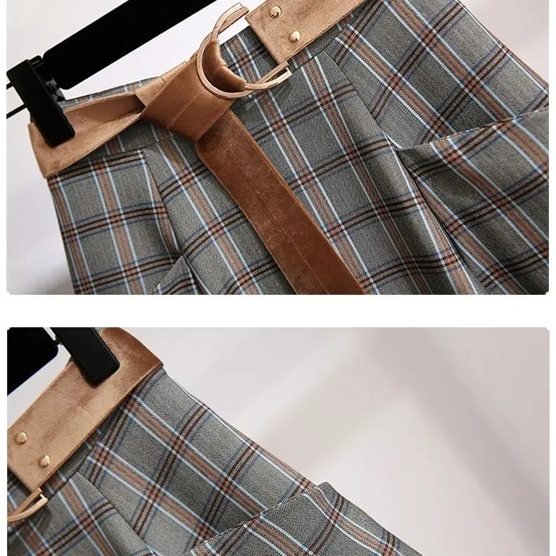 

[Plaid skirt]Women's new chic Hong Kong style retro mid length high waist buttock A-line skirt