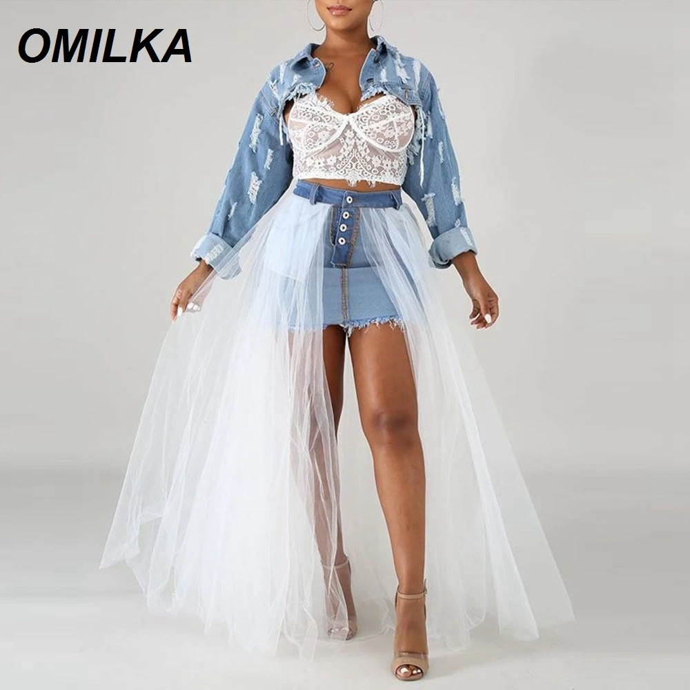 

OMILKA Mesh Jeans Big Swing Skirt 2019 Summer Women See Through Irregular Front Short Back Long Ball Gown Skirts