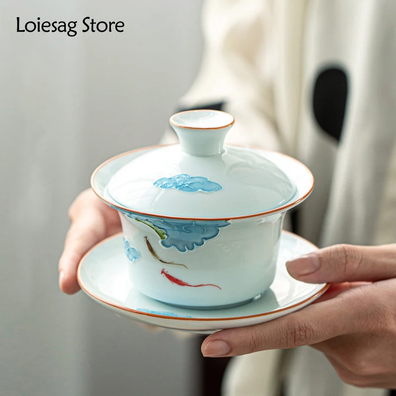 

Loiesag Relief Hand-painted Ceramic Gaiwan Celadon Sancai Cover Bowl Office Teacup Kung Fu Tea Set Tea Bowl Set Single Household