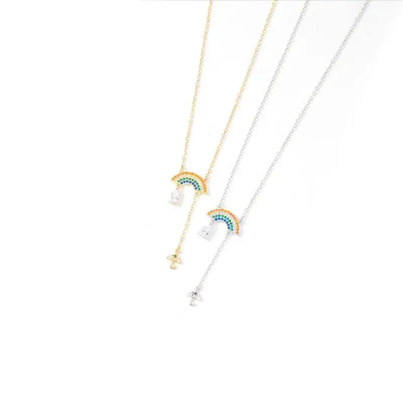 

XIAOBOACC S925 Sterling Silver Necklace for Women Korean Fashion Micro-Inlay Rainbow Pendant Choker Neck Chain Free Shipping