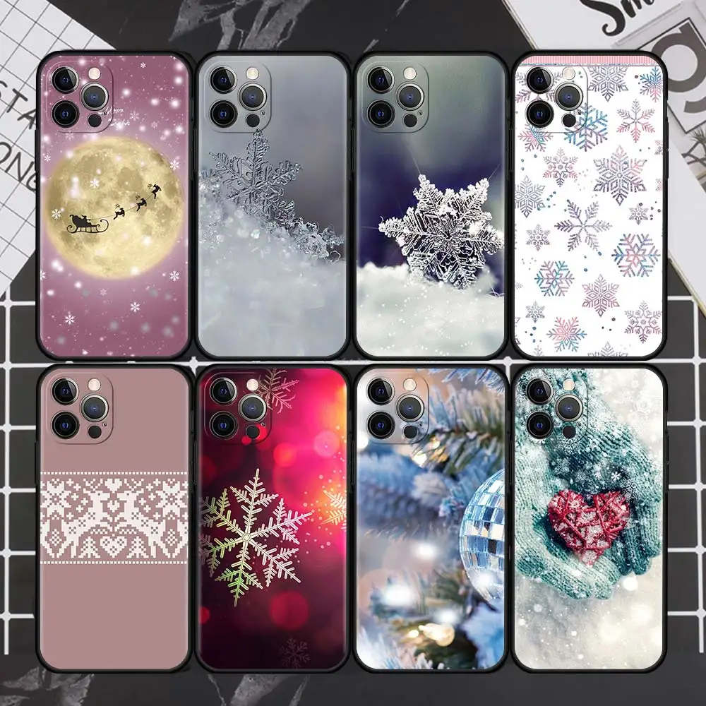 

Christmas Snowflake Snowman Phone Case For iPhone 13 11 12 Pro XR 7 8 + X XS Max 6 6S Plus 5 5S SE 2020 Coque Black TPU Shell