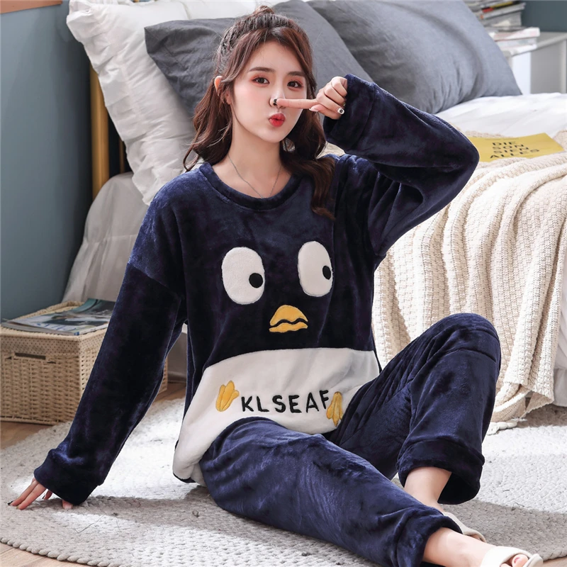 Зимний новый женский пижамный комплект с длинным рукавом теплая Фланелевая