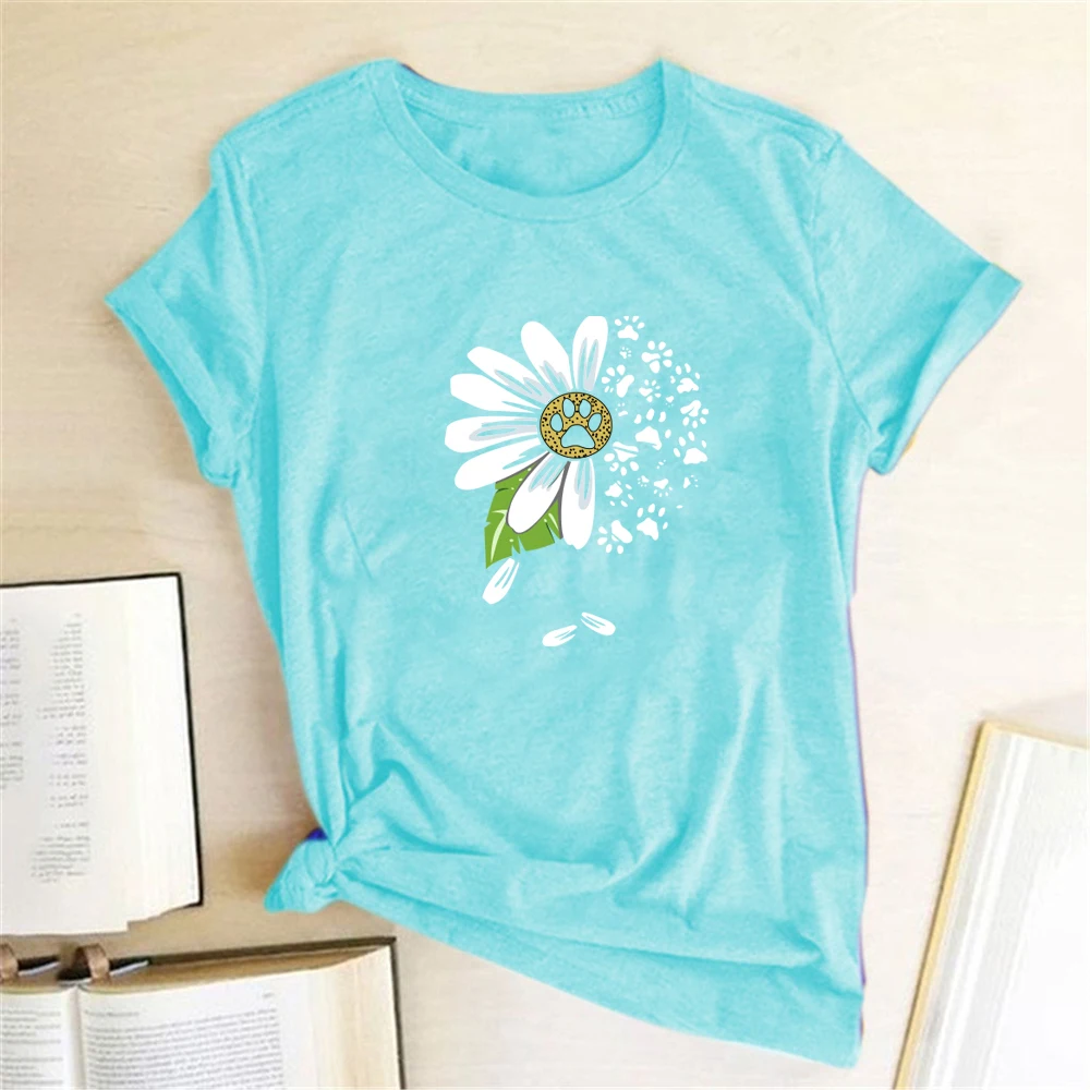 

Daisy Bear Paw Print T-shirts Women Summer Graphic Tee Aesthetic Shirts for Women Casual Short Sleeve Ladies Tops Camiseta Mujer