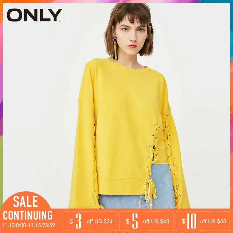 Женская Осенняя свободная футболка на шнуровке с асимметричным длинным рукавом |