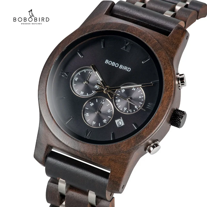 BOBO BIRD relogio masculino мужские часы, наручные часы с хронографом, военные часы, металлический деревянный браслет, роскошные часы, подарок ему, коробка, B-P19