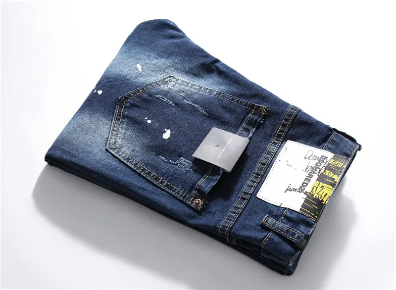 

Hip Hop Streetwear Ripped Torn Mens Jeans Blue Embroidery Slim Jeans Stretch Pants Men Trousers Clothes Spring Brand Jeans Men