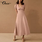 2021 модные Celmia для женщин атласное платье сексуальное платье с v-образным воротом, с пышными короткими рукавами Вечерние плиссированные макси Vestidos случайные свободные, а-силуэт, длинный халат