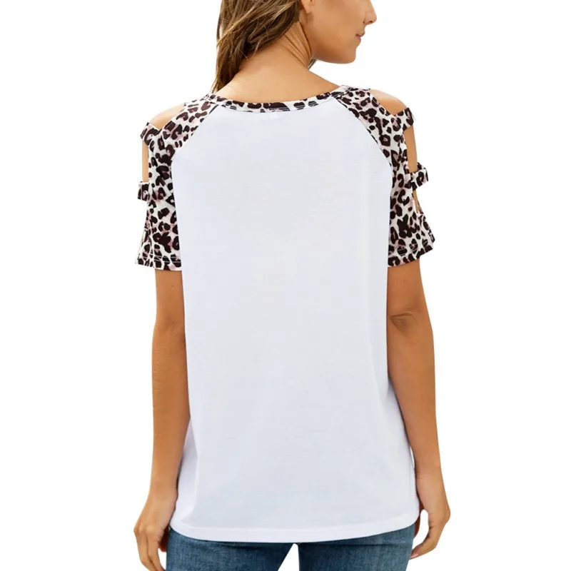 

Summer Women's Clothes Fashion Round NeckSplicing Leopard Leisure Hollow Short-sleeved T-shirt Tops