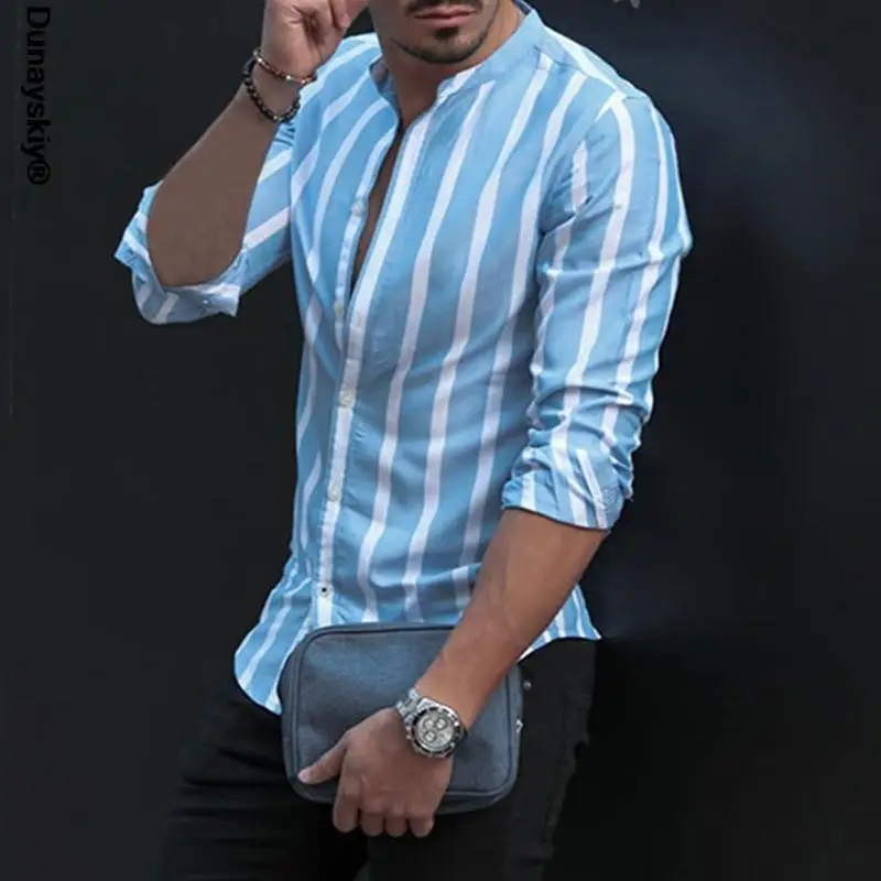 

2021 Para Hombre European American New Men's Stand Collar Striped Long Sleeve Shirt Casual Fashion Men's Clothing