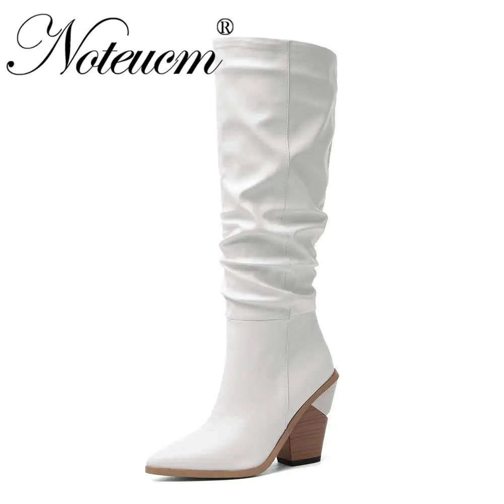 казаки Женские коричневые черные белые кожаные 2019 г. Модные осенние высокие