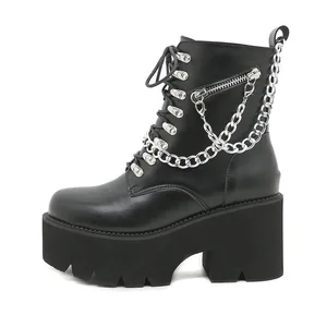European and American fashion boots Medium boot Martin boots metal chain extended large size women's boots 41-43