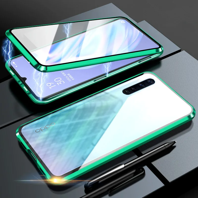 

Luxury Metal Magnetic Front Back Clear Tempered Glass Case For OPPO A8 F15 Case For OPPO A91 A31 Flip cover Cases bumper