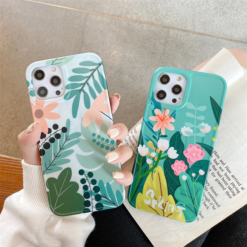 

Watercolor Flower Leaves Pattern Phone Case For iPhone 11 12 Pro Max XR XS X 7 8 Plus 12 SE 2020 Plant Soft TPU Shockproof Cover