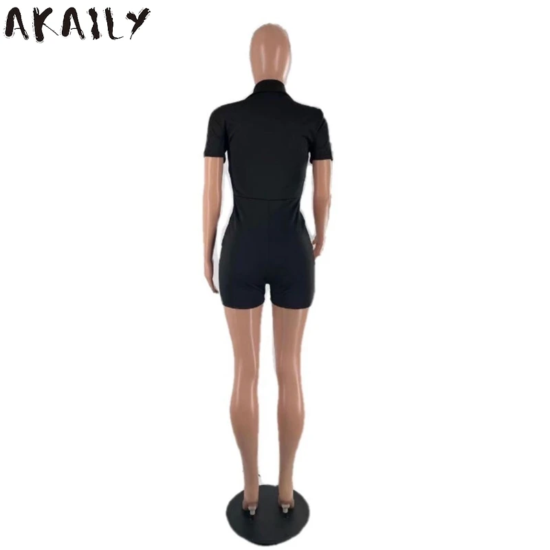 

Akaily Streetwear Black Letter Kintted Romper Summer Short Womens Jumpsuit Solid V Neck Zipper Short Sleeve Playsuit Female 2021