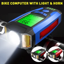 Multi-Purpose Bike Computer Bicycle Headlight and 130dB Horn LCD Display Speedometer Rechargeable Front Light for MTB Road Bikes
