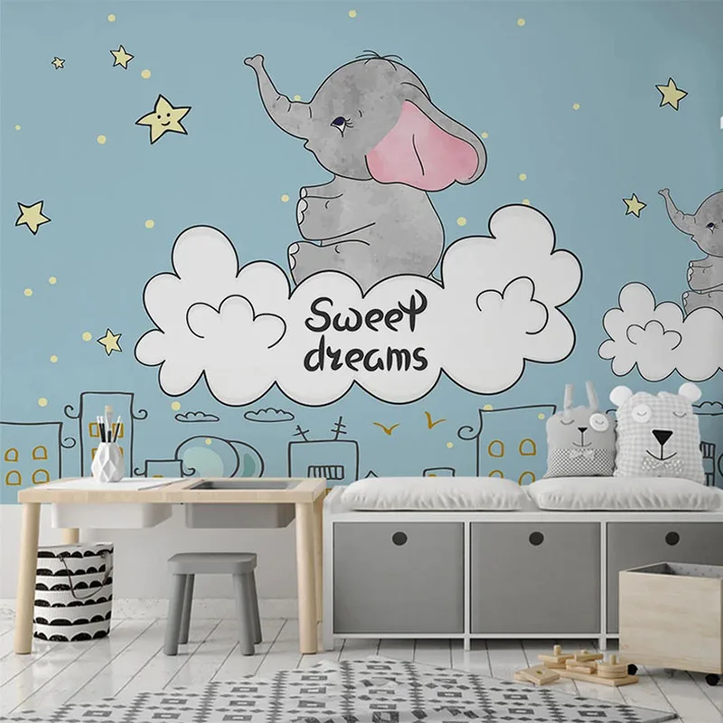 

Custom Mural Wallpaper 3D Hand Painted Cartoon Clouds Stars Elephant Fresco Children's Room Background Decor Papel De Parede 3D