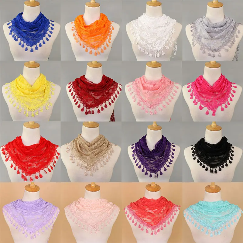 

Fashion Spring Autumn Solid Color New Women Lace Scarf Lady's Headscarf Hollow Triangle Scarf Women Tassel Shawls And Scarves