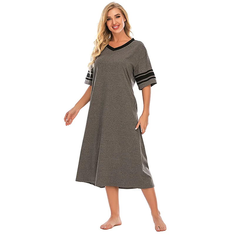 2021 European and American Women's Loose and Comfortable New Solid Color Short Sleeve Long Nightdress Home Wear Sexy Nightwear