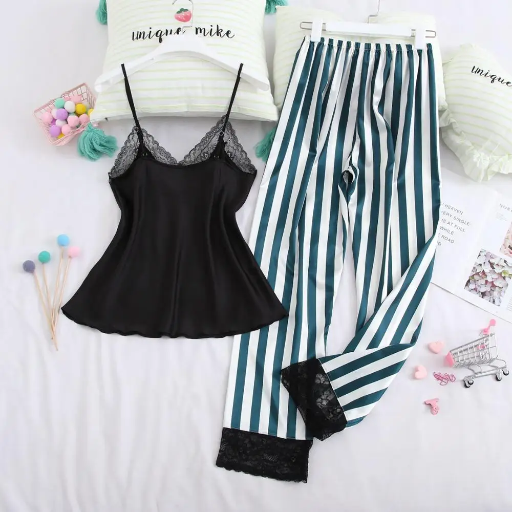 Daeyard Silk Pyjama 2 Piece Sexy Lace Pajamas Set For Women Sleepwear Strap Sling Long Pants Summer Pijama Mujer Home Clothes | Женская