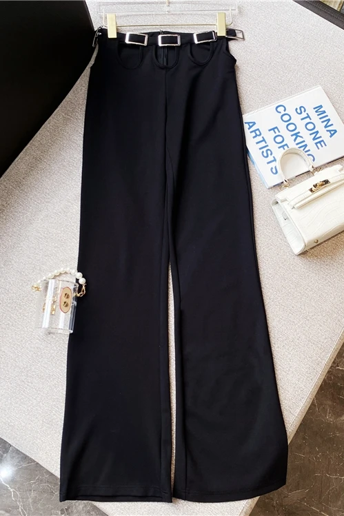 

2021 Autumn New Fashion Black Metal Bucket Sexy Suit Pants Ladies High Waist Loose Casual Wide Leg Trousers for Female