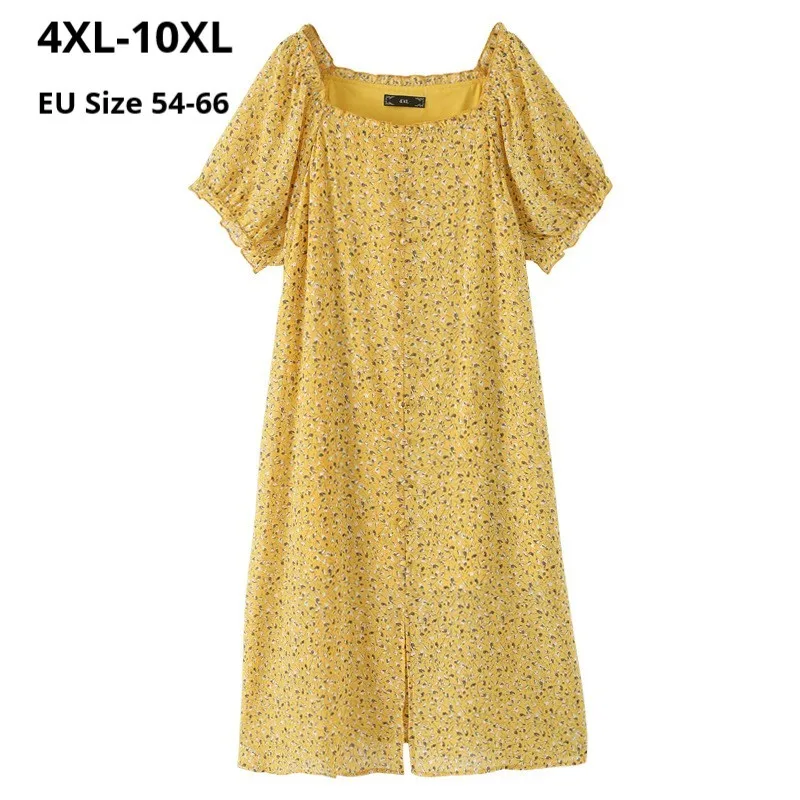 

Plus Size 10XL 9XL 8XL 7XL Women Short Sleeves Summer Dresses Femme Print Chiffon Yellow Clothing Slim Midi-Calf Dress For Mujer