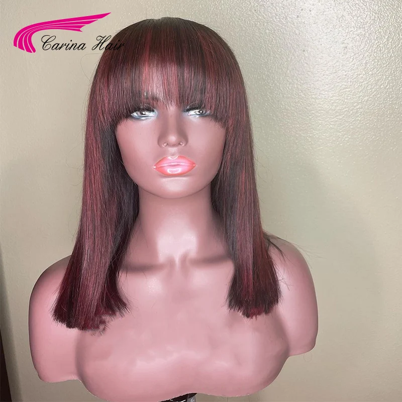 Хайлайтер красный короткий боб парик с челкой полностью машинное изготовление