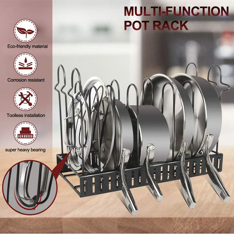 

Stainless Steel Pan Organizer Holder Cutting Board Shelf Extendable Adjust Cookware Pot Rack for Kitchen Storage Organization