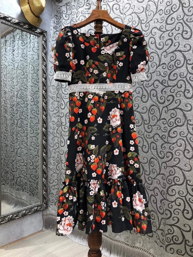 

100%Cotton Women's Dress 2021 Summer Ladies Square Collar Sweet Fruit Prints Lace Patchwork Short Sleeve Blue Black Dress Chic