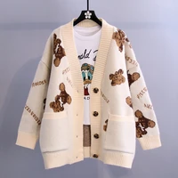 bear letter cardigan sweater womens autumn winter 2021 new korean version of the lazy style wild loose thick knitted jacket