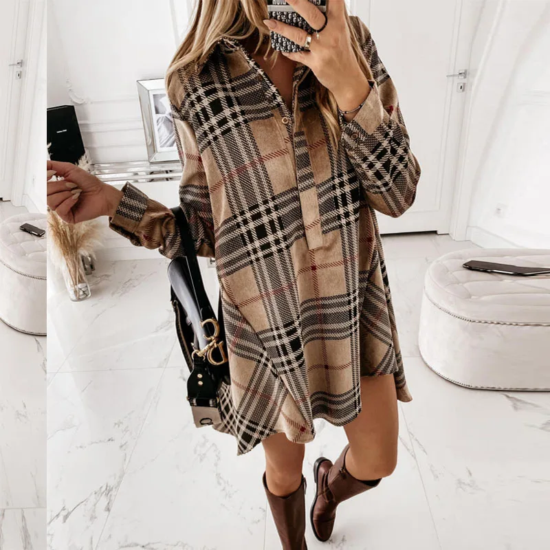 

Vintage Irregular Plaid Dress Women Autumn Elegant Turn-down Collar Button Mini Dresses 2021 Spring Ladies Long Sleeve Vestidos